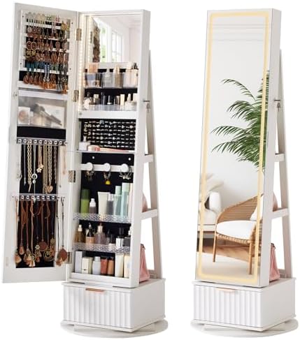 Full Length Mirror Jewelry Armoire - Fluted 360 ° Armario Giratorio para