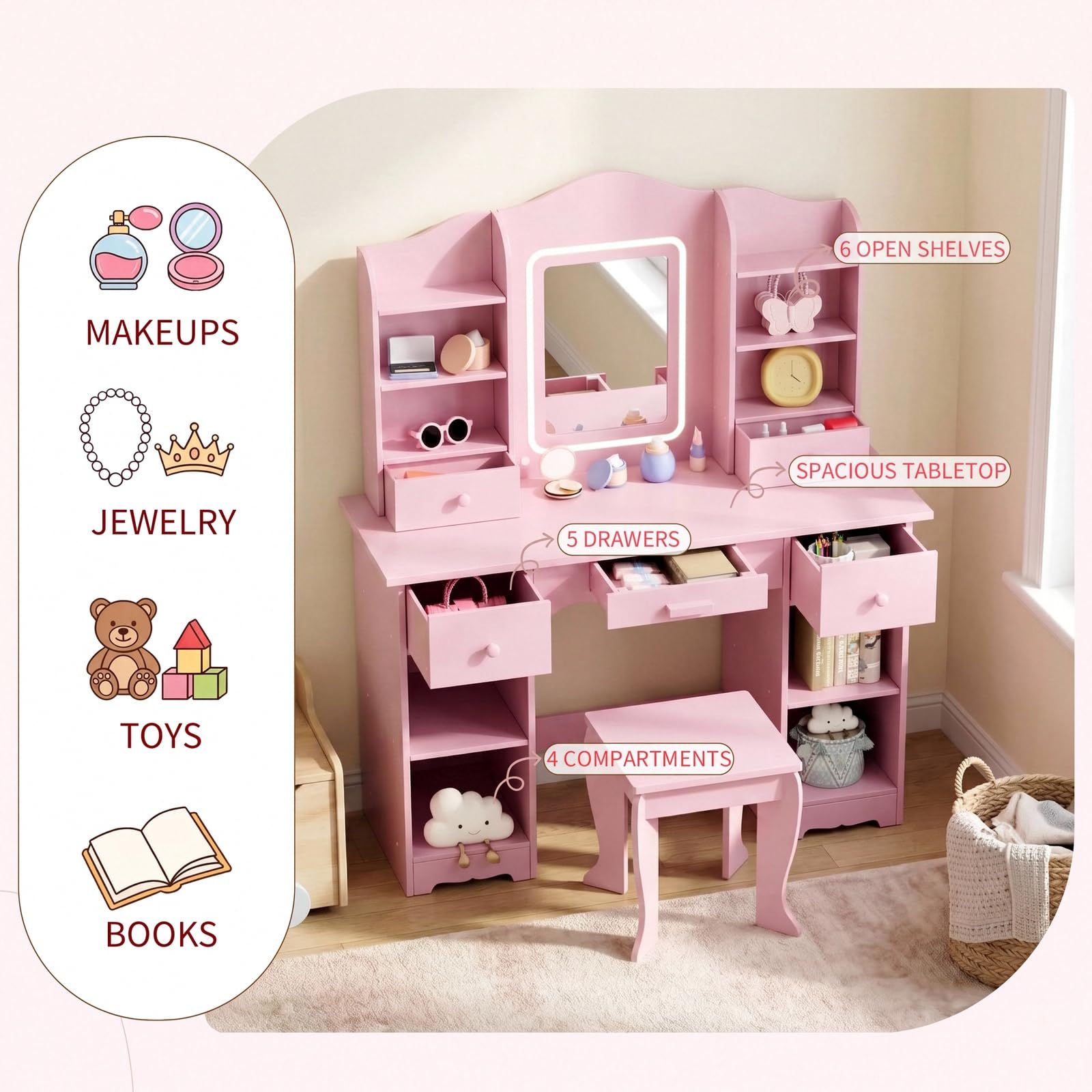 Tocador Infantil con Luces de  - Dressing Table Vanity With Lighted Mirror reseña y precio