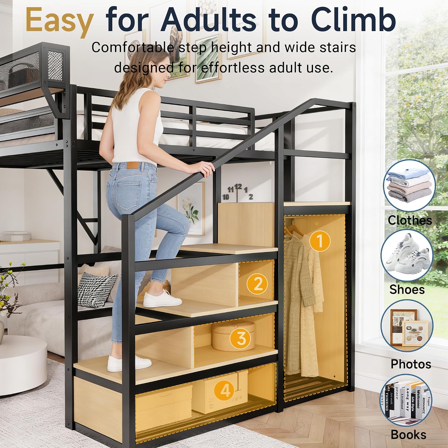 Cama Alta Tamaño Queen con Esc - Canopy Bed Frame Metal Queen reseña y precio